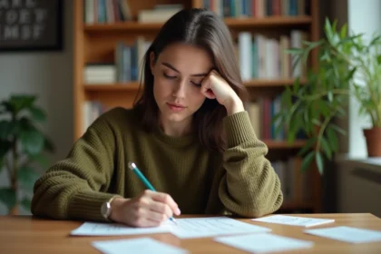 Jeune femme révisant avec des fiches mémoire manuscrites après un test de mémorisation