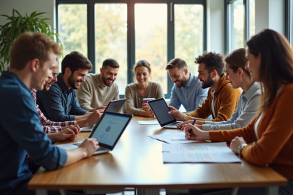 Groupe d'adultes en classe moderne discutant avec table et tablettes
