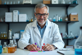 Scientifique homme en laboratoire examinant des modèles moléculaires