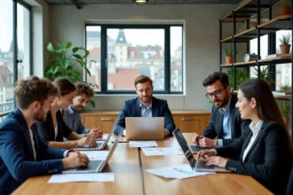 Groupe de jeunes professionnels en séminaire digital à Paris, collaborant autour d'une table de coworking moderne avec laptops et documents stratégiques