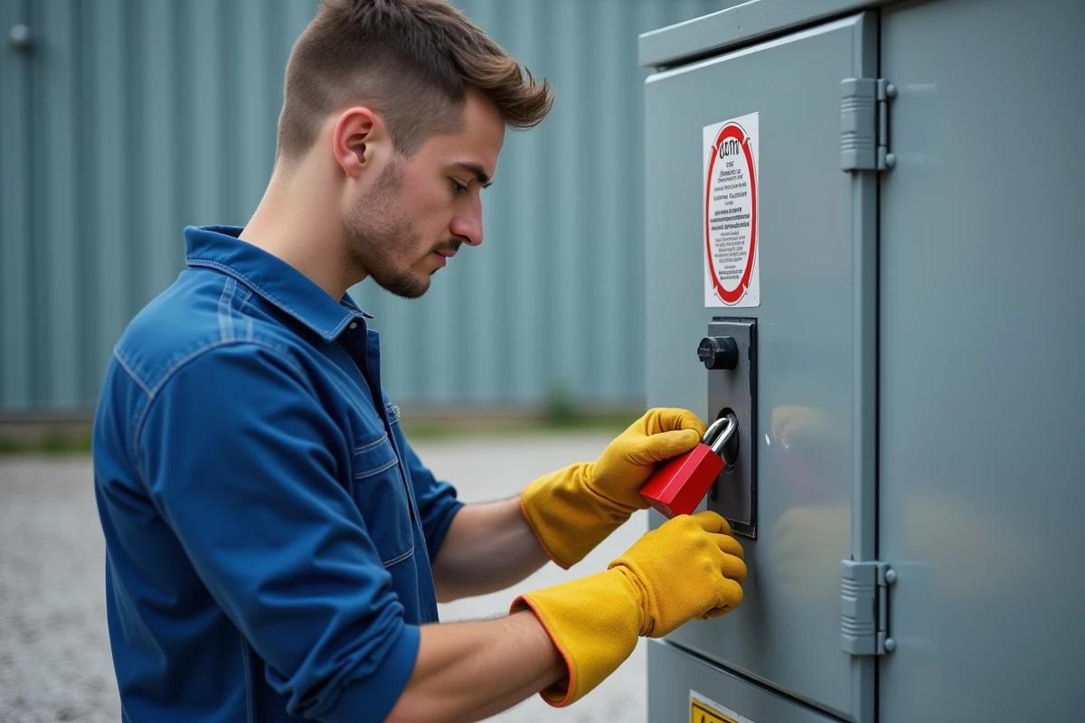 Stagiaire réalisant une procédure de consignation électrique sur panneau basse tension lors d'une évaluation pratique NF C 18-510