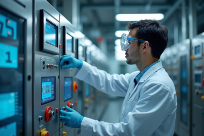 Jeune technicien manipulant un panneau de contrôle industriel moderne