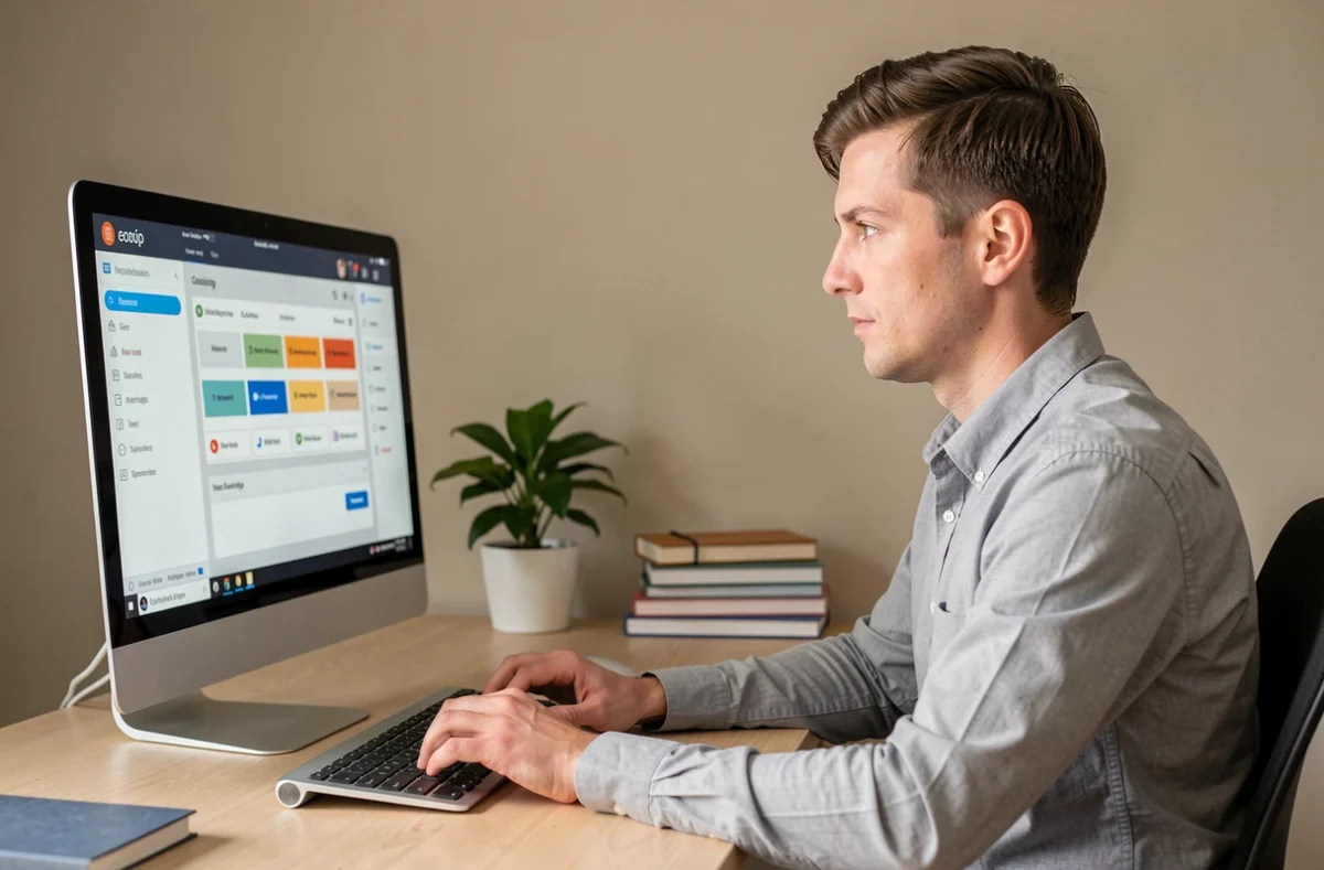 Homme passant un test de recrutement en ligne scolinfo depuis son bureau à domicile