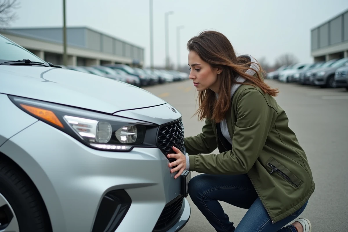 Femme inspectant les feux avant d'une voiture lors des vérifications extérieures pour le permis de conduire