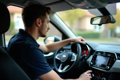 Jeune homme inspectant le tableau de bord d'une voiture pour les vérifications intérieures du permis de conduire