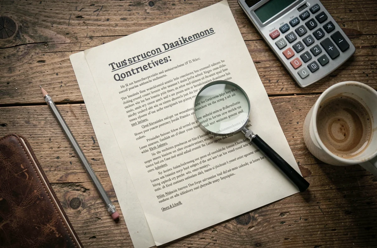 Vue aérienne d'un devis de formation BTP avec loupe et calculatrice sur une table en bois