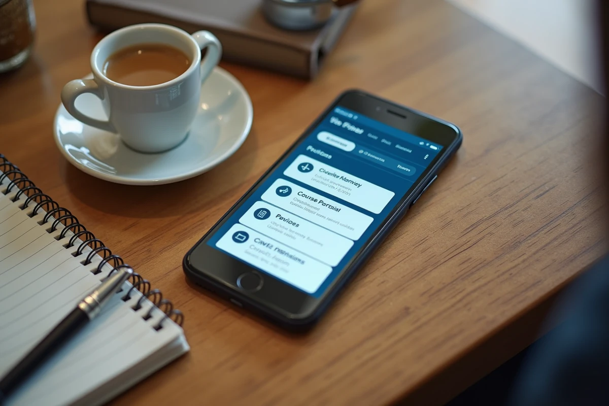 Vue aérienne d'un smartphone affichant l'ENT eschool sur une table de café avec un carnet de notes