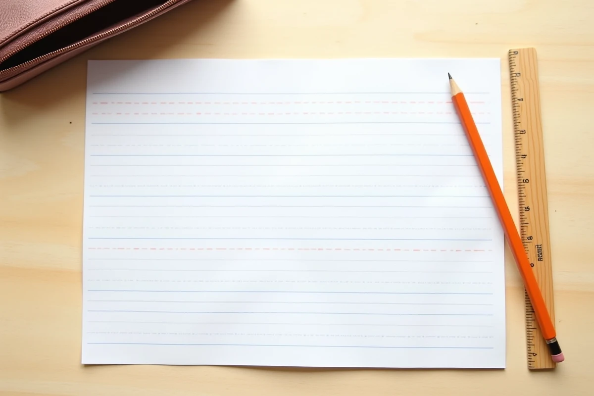 Vue aérienne d'une feuille seye imprimée avec un crayon et une règle sur un bureau en bois prête pour l'école