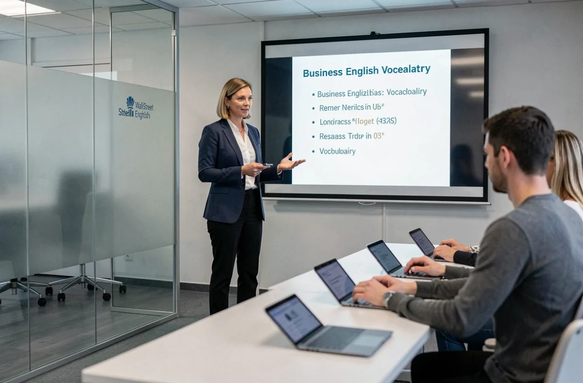 Formatrice donnant un cours d'anglais professionnel dans le style Wall Street English à Nantes